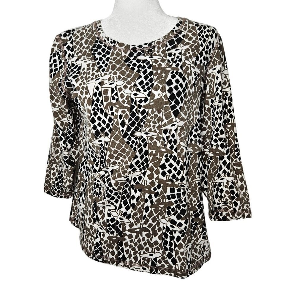 Chico's Weekends Safari Giraffe Animal Print Top Size 2 Large Brown